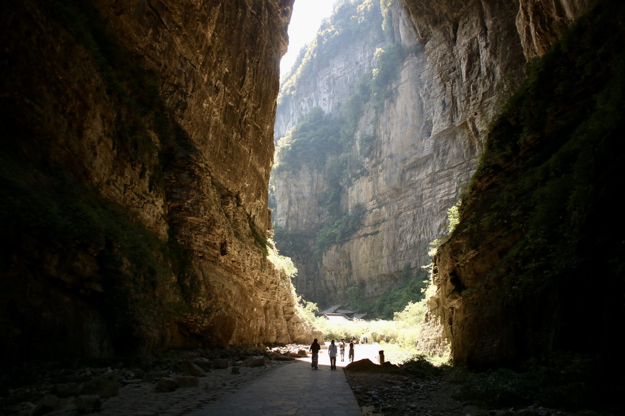 Hikers walking through a sunlit canyon