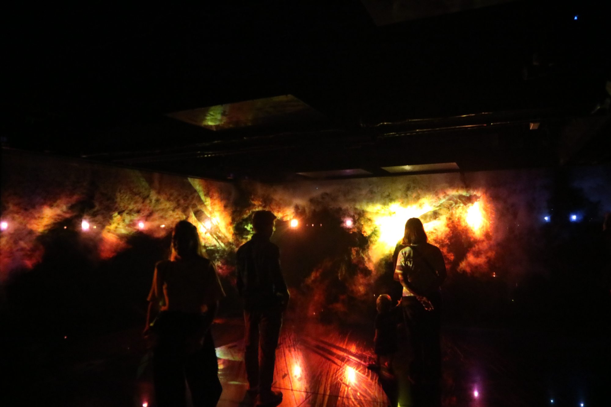 Visitors silhouetted in an immersive light installation